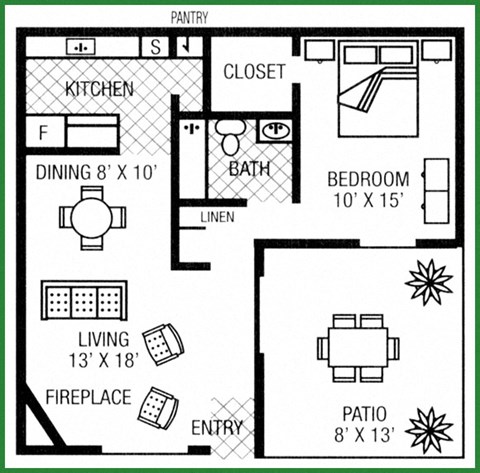 Floor plan for 1 bed, 1 bath, 700 sqft